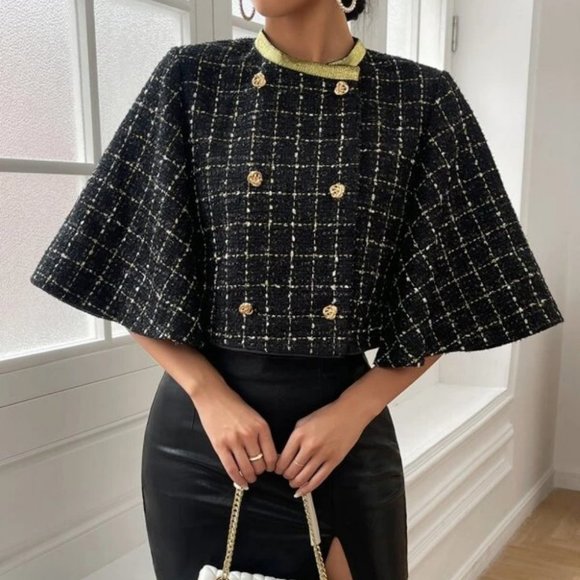 black Double Breasted Trim detailed Trumpet Sleeve Tweed Overcoat Jacket - Picture 6 of 6